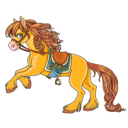 Cute horse with lush mane bucks front hooves isolated on white backgroundのイラスト素材