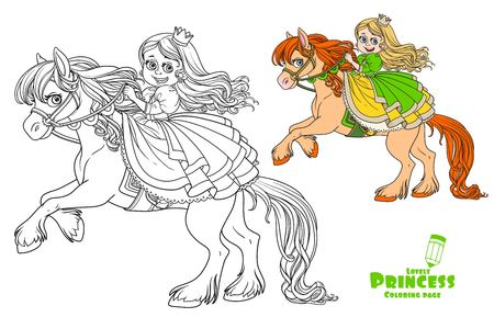 Cute princess riding on horse that bucks front hooves color and outlined picture for coloring book on a white backgroundのイラスト素材
