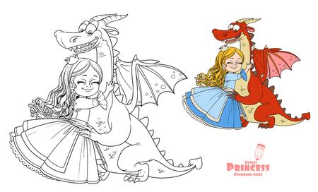 Little princess hugs dragon color and outlined picture for coloring book on white backgroundのイラスト素材