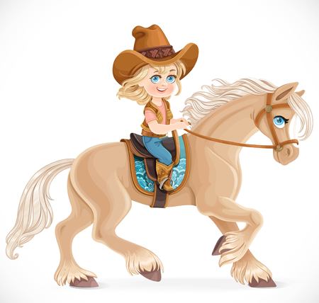 Cute little girl in a cowboy suit riding a horse isolated on a white backgroundのイラスト素材