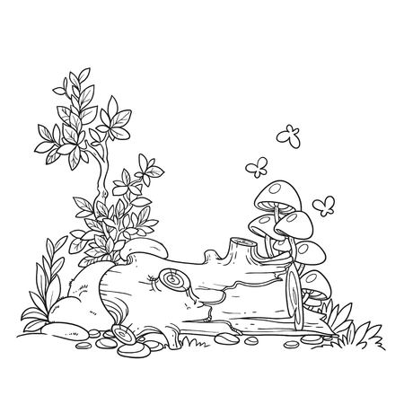 Logs covered with moss and with mushrooms linear art isolated on white backgroundのイラスト素材
