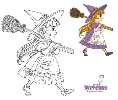 Cute girl in witch suit goes forward holding a broom for flights on her shoulder color and outlined for coloring pageのイラスト素材
