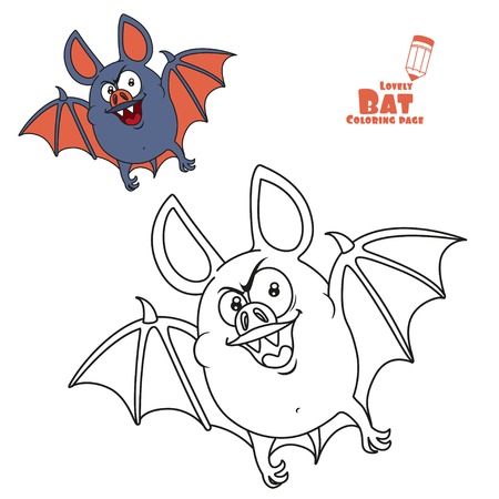 Cute fat Halloween bat flying color and outlined for coloring pageのイラスト素材