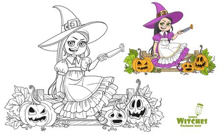 Cute girl in witch costume sitting on the fence with a knife and cut the lantern from a pumpkin color and outlined for coloring pageのイラスト素材