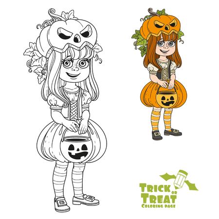 Cute girl in pumpkin costume with a pumpkin bag for sweets trick or treat color and outlined for coloring pageのイラスト素材
