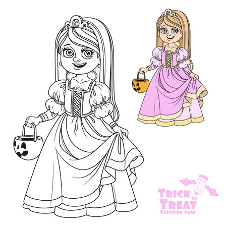 Cute girl in princess costume holding a pumpkin bag for sweets  trick or treat color and outlined for coloring pageのイラスト素材