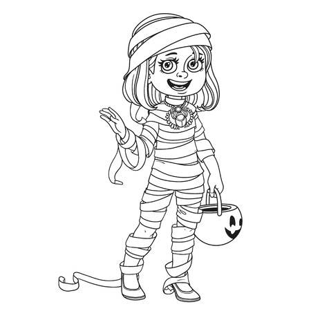 Cute girl in mummy costume with a pumpkin bag for sweets trick or treat outlined for coloring pageのイラスト素材