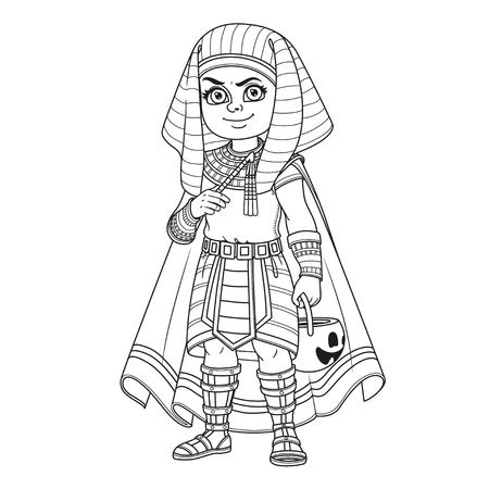 Cute boy in Egyptian Pharaoh costume with a pumpkin bag for sweets trick or treat outlined for coloring pageのイラスト素材