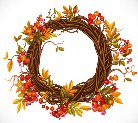 Autumn wreath of twigs, leaves, red berries and pumpkins illustration.のイラスト素材