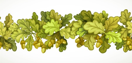 Seamless horizontal autumn garland from oak branches with leaves and acorns isolated on white backgroundのイラスト素材