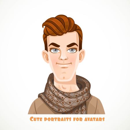 Cute young man in a scarf with a pattern portrait for avatar isolated on a white backgroundのイラスト素材
