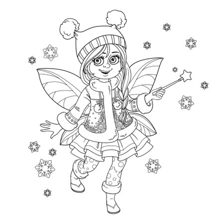 Cute little winter fairy girl with a Magic wand outlined picture for coloring isolated on a white backgroundのイラスト素材
