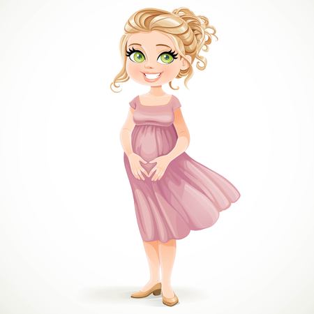 Beautiful blond pregnant woman folded hands on her belly in the shape of a heart stands on a white backgroundのイラスト素材