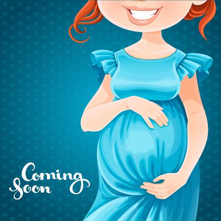 Belly of a pregnant woman close-up on a placard in blue with an inscription will arrive soonのイラスト素材