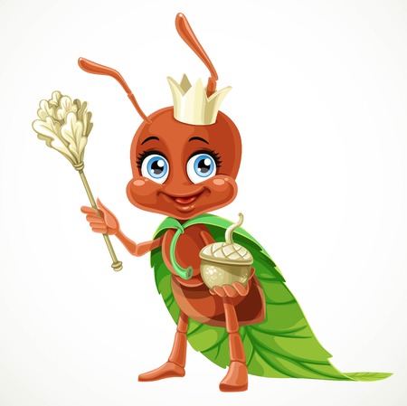 Cute cartoon ant queen in a cloak of green leaves with an acorn scepter isolated on a white backgroundのイラスト素材