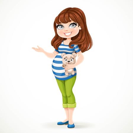 Beautiful pregnant woman in a striped T-shirt is holding a teddy bear in her hand and something tells it pointing to the side isolated on a white background.のイラスト素材