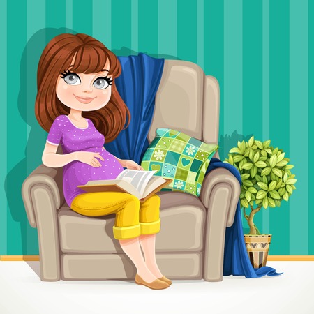 Beautiful pregnant woman sitting in comfortable armchair and reading a bookのイラスト素材
