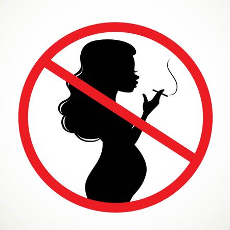 Silhouette of a pregnant woman smoking a cigarette prohibiting sign in crossed out circle isolated on white backgroundのイラスト素材