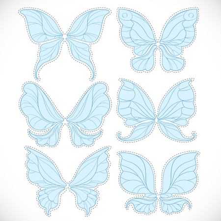 Blue fairy wings with dotted outline for cutting set 2 isolated on a white backgroundのイラスト素材