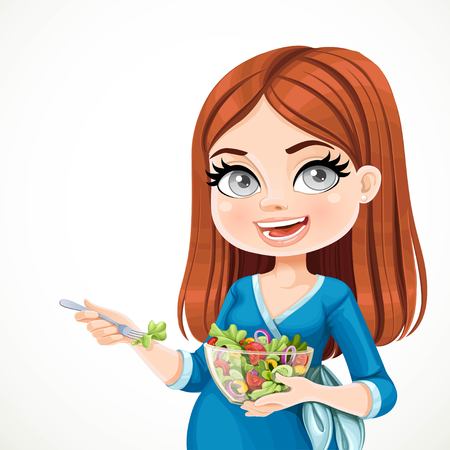 Cute pregnant woman eating fresh salad isolated on a white backgroundのイラスト素材