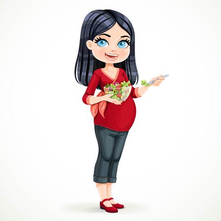 Cute pregnant blond woman eating fresh salad from transparent salad bowl isolated on white backgroundのイラスト素材