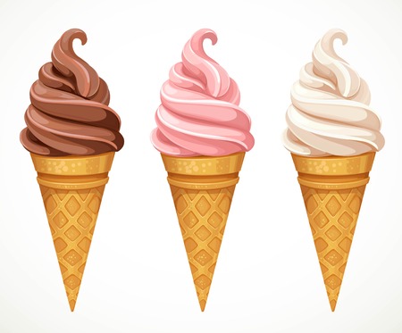 Soft ice-cream dofferent tastes in cone design elements for summer season isolated on a white backgroundのイラスト素材