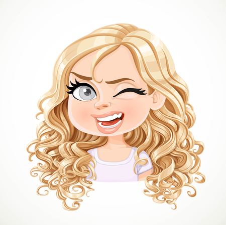 Beautiful cheerily wink cartoon blond girl with magnificent curly hair portrait isolated on white backgroundのイラスト素材