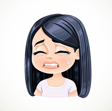 Beautiful inconsolably crying cartoon brunette girl portrait isolated on white backgroundのイラスト素材