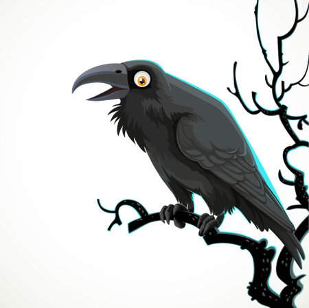 Black raven sits on a tree branch isolated on a white backgroundのイラスト素材