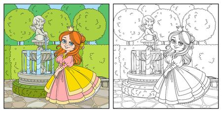 Cute princess in palace park with Cupid fountain color and outlined for coloringのイラスト素材