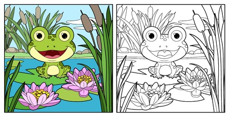 Cute frog sits on leaf of lily color and outlined linear drawing for coloring on a white backgroundのイラスト素材