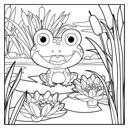 Cute frog sits on leaf of lily color linear drawing on a white backgroundのイラスト素材