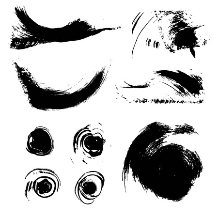 Black straight and round abstract textured paint strokes isolated on white backgroundのイラスト素材