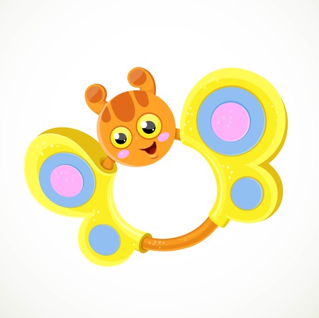 Baby rattle in the form of cartoon butterfly with yellow wings isolated on white backgroundのイラスト素材