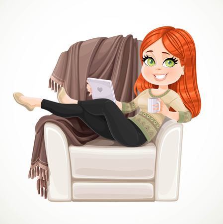 Cute girl sitting in comfortable chair with a plaid holding tablet in her handのイラスト素材