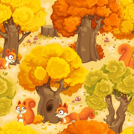 Squirrel cartoon forest with fly agaricsのイラスト素材