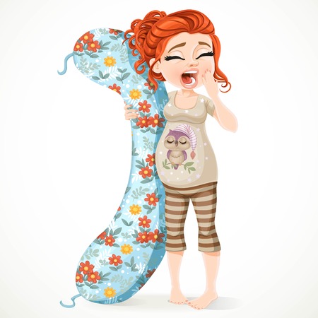 Beautiful sleepy pregnant brunette woman in pajamas with a long pillow for pregnant woman isolated on white backgroundのイラスト素材