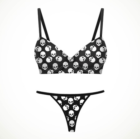 Black bra and bikini panties objects in a pattern of white skulls isolated on whiteのイラスト素材