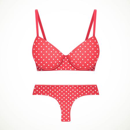 Red bra and thong panties in a white polka dot pattern objects isolated on white backgroundのイラスト素材