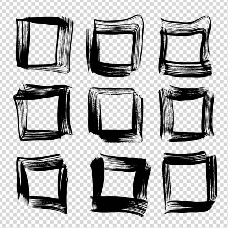 Abstract textured big black ink square brushstrokes set isolated on imitation transparent backgroundのイラスト素材