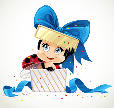 Cute cartoon little ladybug peeks out of the box with a gift isolated on white backgroundのイラスト素材