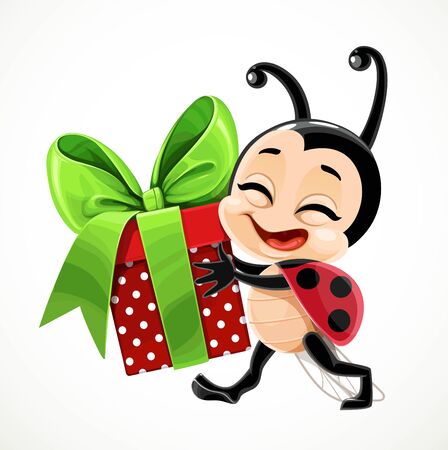Cute cartoon little ladybug carries a gift in red box and with a green bow on white backgroundのイラスト素材