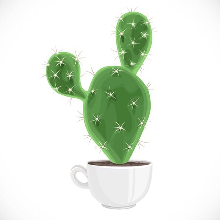 Large prickly cactus planted in a white ceramic cup isolated on white backgroundのイラスト素材