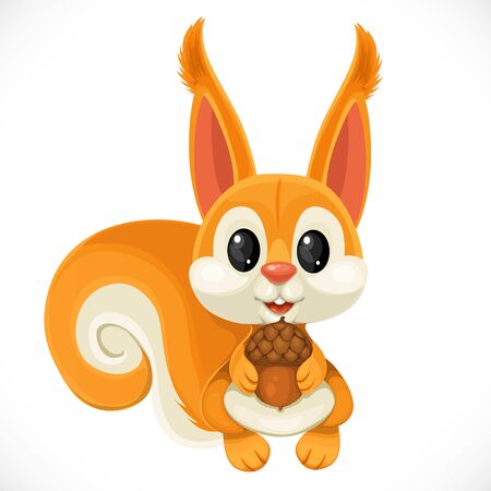 Cute cartoon toy fluffy squirrel with tassels on ears and acorn in paws isolated on white backgroundのイラスト素材
