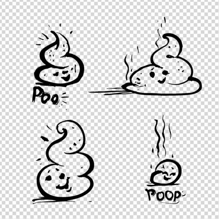 Funny cartoon doodle poop of different sizes with inscriptions, emoji painted with brush in thick paint strokes isolated on imitation transparent backgroundのイラスト素材