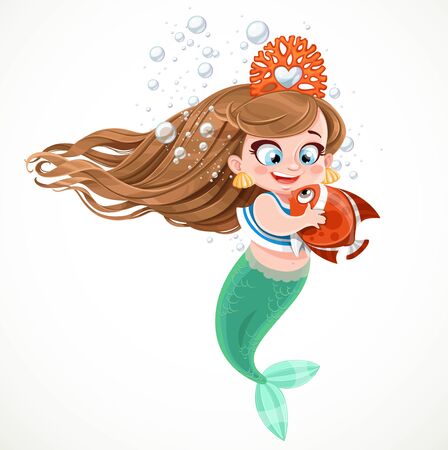 Cute little mermaid girl in coral tiara speaks with fish isolated on white backgroundのイラスト素材