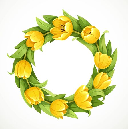 Wreath of yellow tulip flowers isolated on white backgroundのイラスト素材