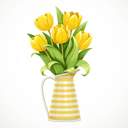 Bouquet of yellow tulips stands in a white jug with stripes isolated on white backgroundのイラスト素材