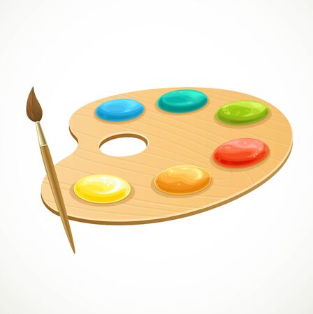 Paints on a round wooden palette and brush isolated on white background.のイラスト素材