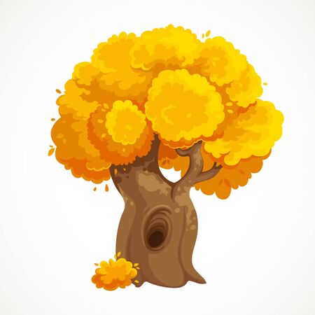 Autumn old thick tree with a hollow and lush yellow foliage vector drawing isolated on white backgroundのイラスト素材
